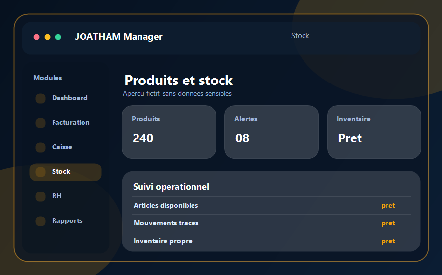 Aperçu du module produits et stock JOATHAM Manager