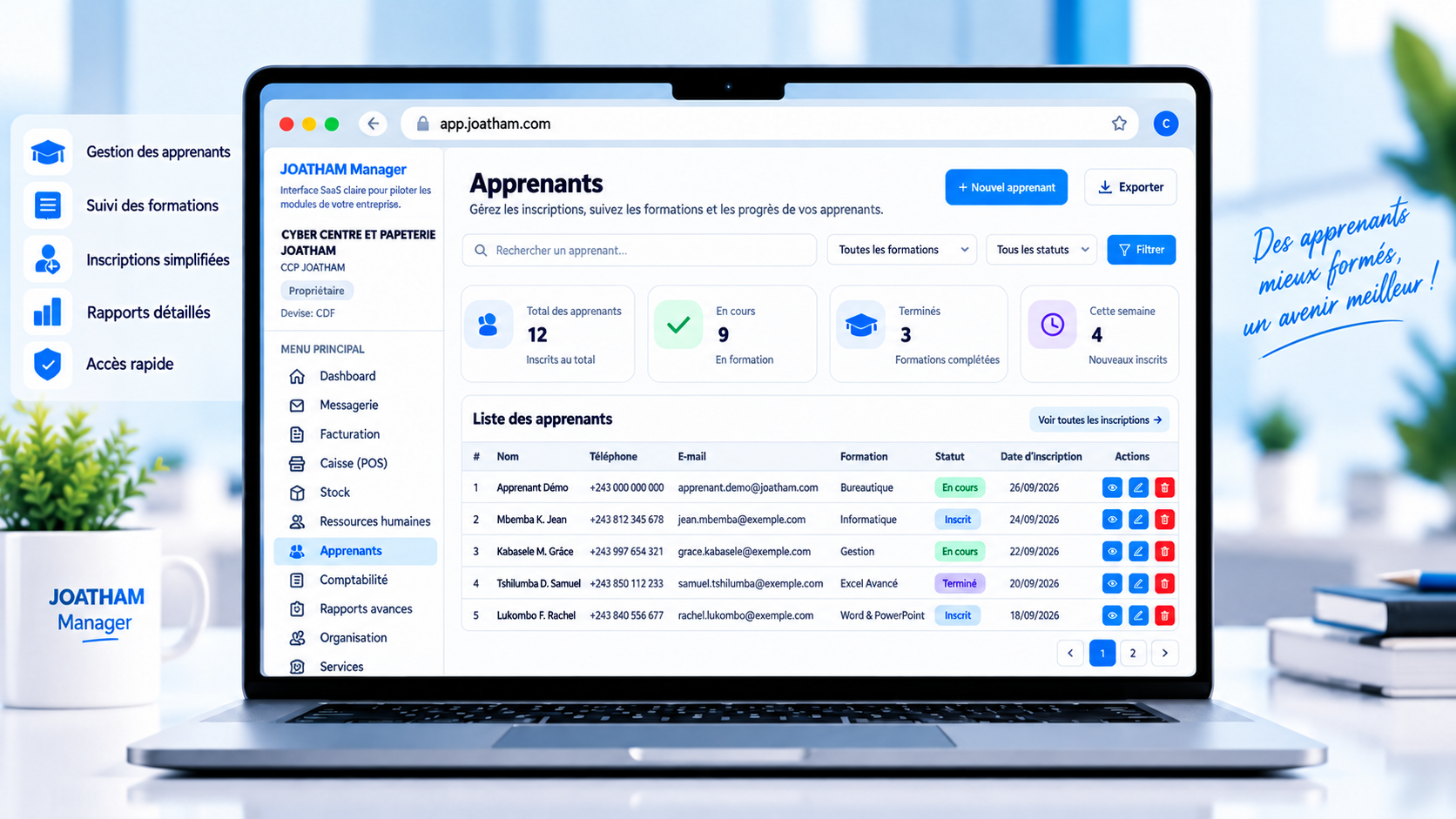 Capture du module apprenants JOATHAM Manager